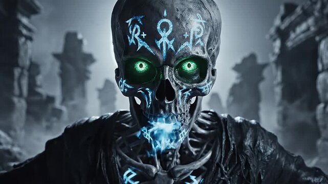 Sinister skeletal figure with glowing eyes emerges from the shadows, fantasy art.