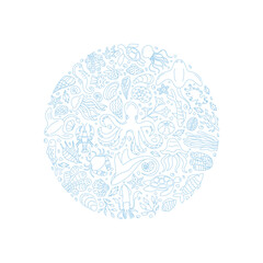 Underwater circle featuring marine life in outline style. Ocean concept with fish, reef, jellyfish, seaweed, and octopus in a round swirl. Seamless aquatic artwork, combining life and reef elements,