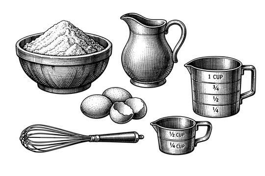 Vintage kitchen utensils and ingredients illustration with eggs and flour