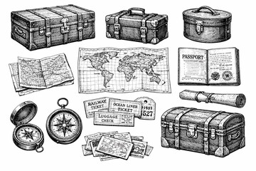 Vintage travel items collection with map, compass, suitcases, passport, and tickets