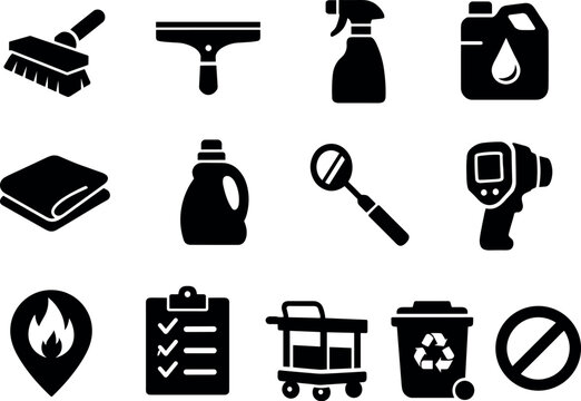Solid vector icons of solar panel maintenance: cleaning brush, squeegee, spray bottle, deionized water,