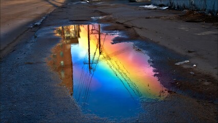 Fototapeta premium Vibrant iridescent oil slick in a street puddle reflecting colorful light and urban structures.