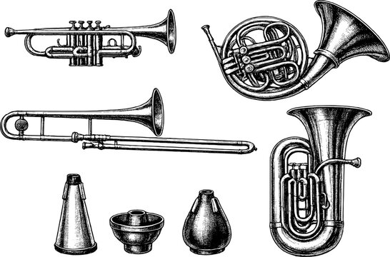Illustration of trumpet, trombone, tuba, and french horn with mutes