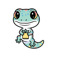 Cute green cartoon frog holding golden coin isolated on white background illustration