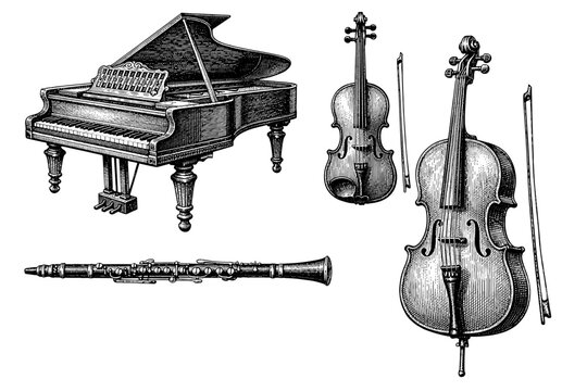 Vintage musical instruments sketch featuring grand piano, violin, cello, and clarinet