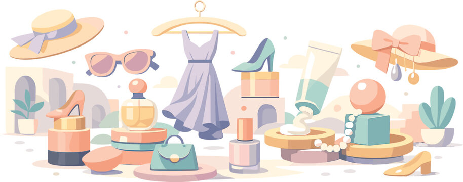 Pastel Abstract Harmony. Bright open courtyard glowing with muted spring pastels as abstract fashion elements float in harmonious