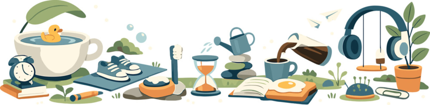 Quiet open garden bathed in spring light where abstract daily objects drift lazily and settle into peaceful arrangements, absurd