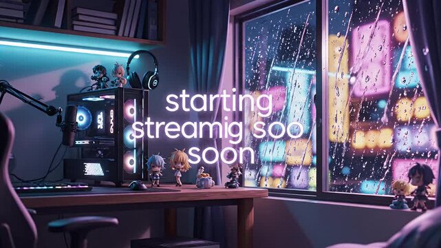 Cozy atmospheric bedroom with a gaming PC setup and a "starting soon" overlay, illuminated by cyberpunk city lights and neon glow through a rainy window, perfect for streaming.