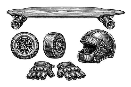 Detailed black and white skateboard parts with helmet and gloves illustration