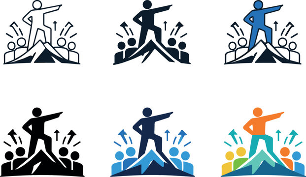 Inspirational guidance emblem illustrating a central figure who motivates collective movement, fosters trust, and shapes