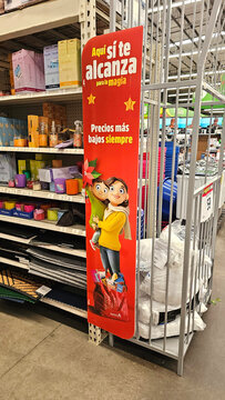 Huauchinango, Puebla, Mexico - Dec 26, 2025: Bodega Aurrera, a Mexican chain of discount stores and supermarkets owned by Walmart, offers low prices with the image of Mama Lucha