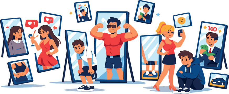 Social media comparison pressure scene sweeping across a minimal environment as mirrors drift and reposition themselves around