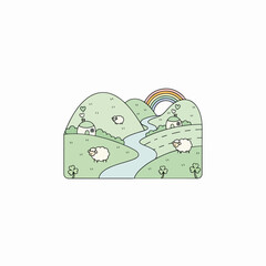 Fototapeta premium Cartoon countryside landscape with sheep, hills, and rainbow 