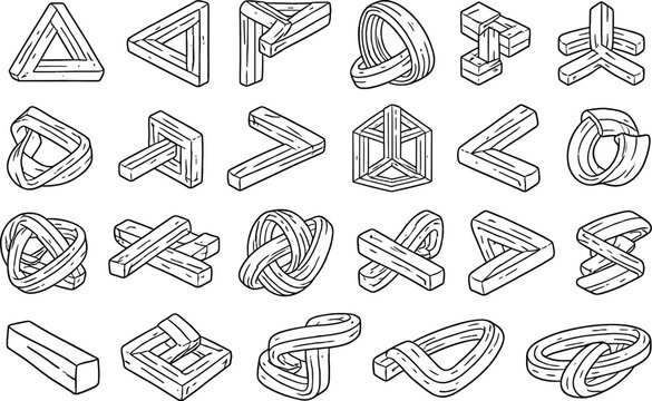 Line vector icons of Penrose triangle beams: impossible triangle outline, wooden beam contour, joint corner tile, paradox edge