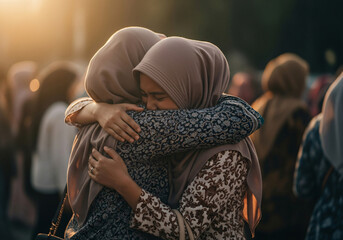 Emotional Embrace at Idul Fitri Gathering