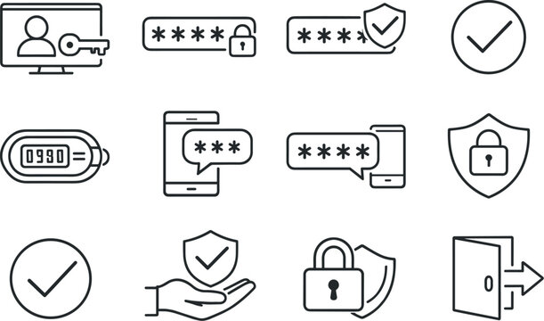 Line style vector icons of Two factor auth: login, password, code, verify; otp, token, app, sms; success, confirm, secure, access