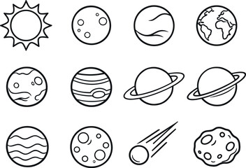 Line style vector icons of Solar system: sun, mercury, venus, earth; mars, jupiter, saturn, uranus; neptune, moon, comet,