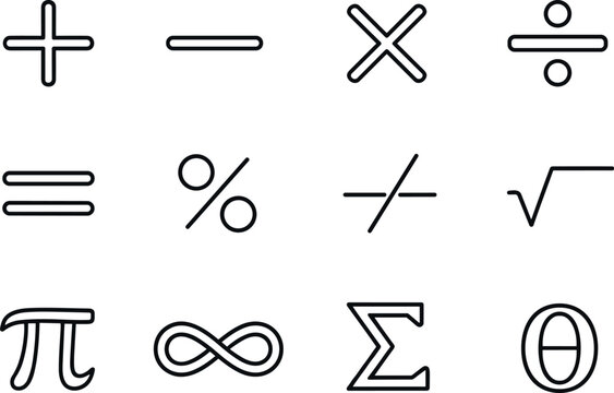 Line style icons of Mathematical signs: plus, minus, multiply, divide; equal, percent, fraction, square root; pi, infinity, sigma