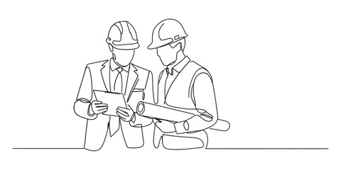 Continuous line drawing of two construction engineers collaborating on a project plan © Badhon_Art Gallery