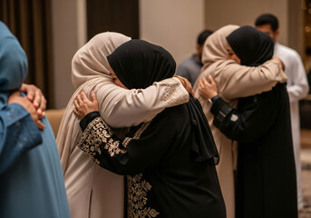 Elegant Muslim Adults Hugging During Eid Gathering