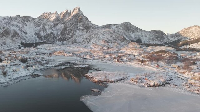 Aerial view of Ballstad village and coastline, Lofoten Islands, Norway