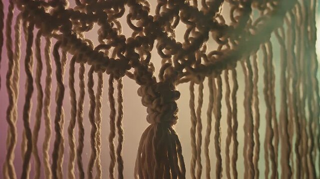 Intricate macrame chandelier hanging with long strands and decorative knots in a room.