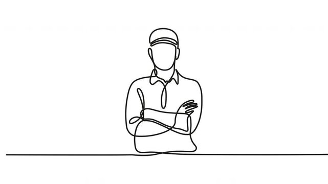 Continuous line drawing, minimalist man, arms crossed, simple illustration, modern style
