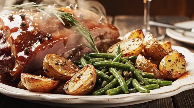 A close-up shot of a plate with roasted meat and sides including potatoes and green beans