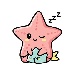 Cute cartoon pink starfish sleeping underwater with dream bubbles and seaweed