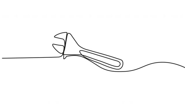 Continuous one line drawing of adjustable wrench always visible in front symbolizing repair maintenance strength and timeless craftsmanship in seamless loop animation