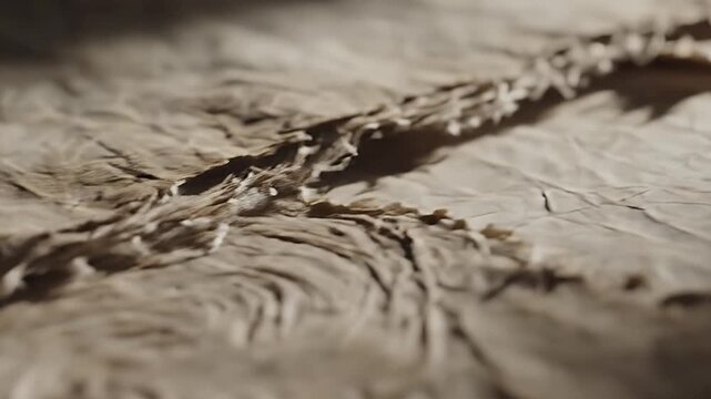 Abstract close-up of textured beige paper with organic rippled patterns and a distinct, raised seam, highlighting rustic craftsmanship.