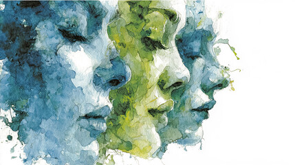Female faces in watercolor with cool and green tones evoking calm, introspection and inner strength - Generated with AI