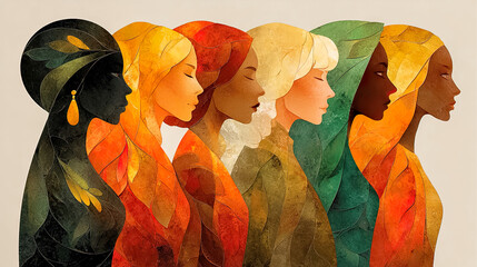 Stylized portrait of diverse women with graphic features in warm tones and organic shapes - Generated with AI