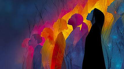 Diverse women portrayed with vibrant colors emerging from darkness into light and hope - Generated with AI