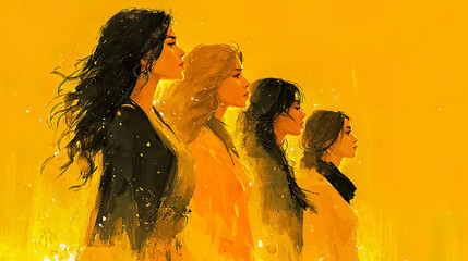 Digital illustration of determined women against a yellow background symbolizing strength, hope and leadership - Generated with AI