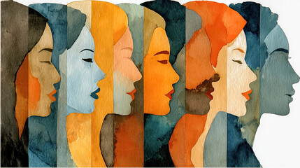 Watercolor portrait of diverse women in profile with integrated blocks of warm and cool colors - Generated with AI