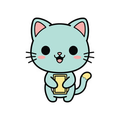 Cute cartoon blue cat mascot holding smartphone happy digital character isolated illustration