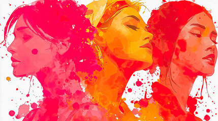 Expressive portrait of women with paint splashes in warm tones symbolizing strength and femininity - Generated with AI