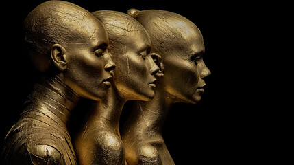 Hyperrealistic golden sculpture of women in profile with metallic finish and shiny gold texture - Generated with AI