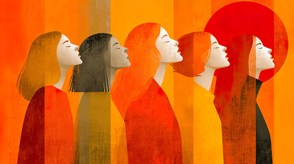 Stylized illustration of women in profile with warm orange background tones symbolizing feminine strength - Generated with AI