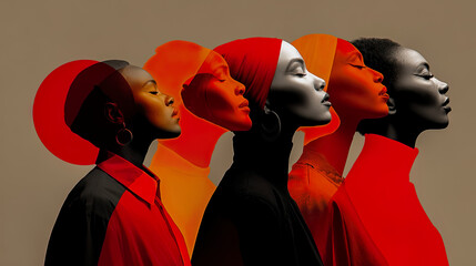 Modern portrait of Afro-descendant women in red and orange tones with silhouette overlay - Generated with AI