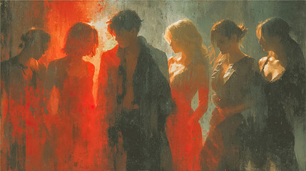 Group of women and one man in an intimate scene with dramatic lighting and expressive brushstrokes - Generated with AI