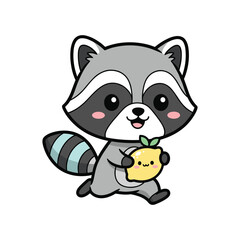 Obraz premium Adorable Cartoon Raccoon Holding Fresh Fruit, Happy Animal Illustration, White Background