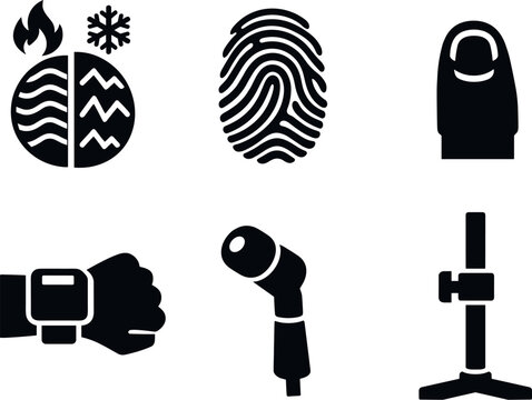 Solid vector icons of thermotactile sensing systems: warmth&ndash;cold receptor zone, detailed texture ridge, feedback fingertip tip;