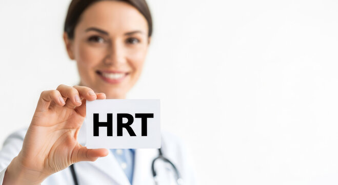 Female doctor holding HRT text card on a white background with copy space. Health care, Hormone Replacement Therapy concept. 