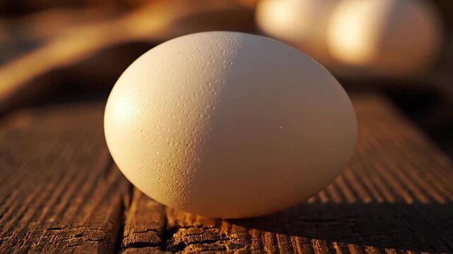 A close-up shot of a single white egg with a textured surface, resting on a wooden surface
