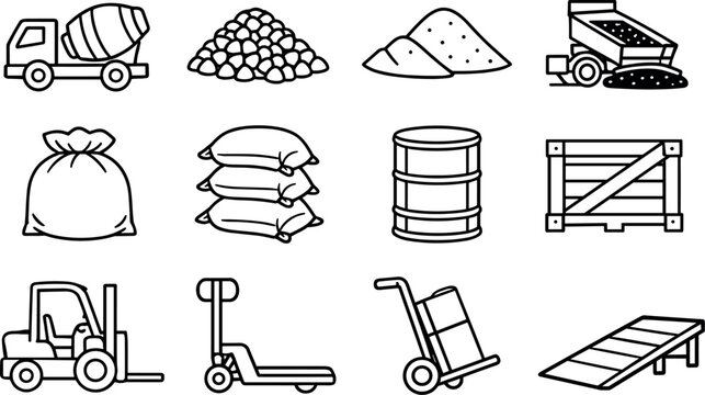 Construction Icons Grid. Line style icons of construction supply delivery: concrete, gravel, sand, asphalt; bag, sack, barrel,