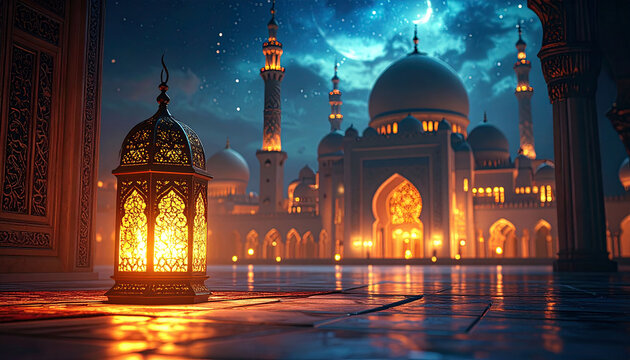 Glowing Ramadan lantern on the floor in front of a mosque