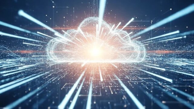 Abstract cloud comg concept with glowing lines and network connections, symbolizing data transfer.