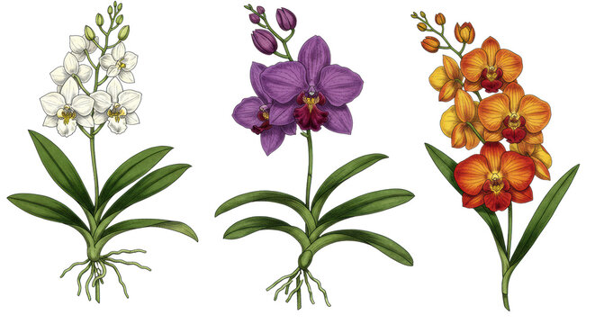 Five detailed vintage botanical orchid illustrations, isolated on white, fine line and watercolor, concept of botanical elegance and diversity